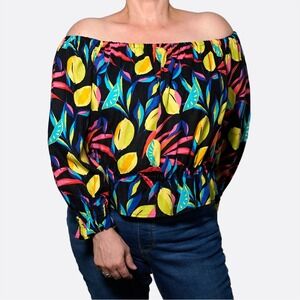 Tabitha Brown Tropical Lemon Fruit Off-the-Shoulder Blouse 1X XL Summer Chic
